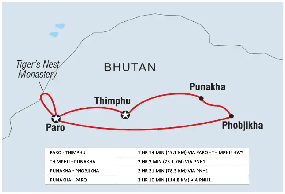 Bhutan Tour Map from Ahmedabad