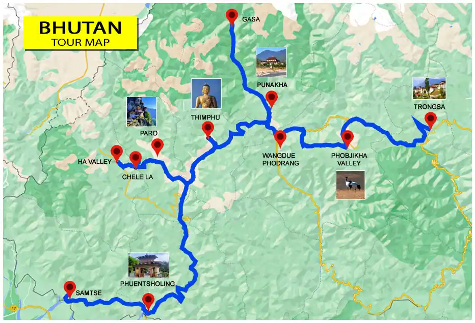 Bhutan Package Tour Map - NatureWings Holidays Limited