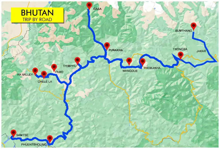 Bhutan Package Tour map with NatureWings Holidays