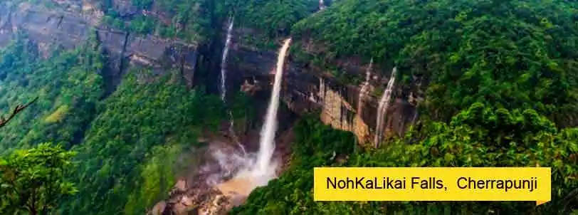 Behold tallest (340 metres) plunge waterfall in India - the Nohkalikai Falls during Shillong Cherrapunji Kaziranga Tour Packages